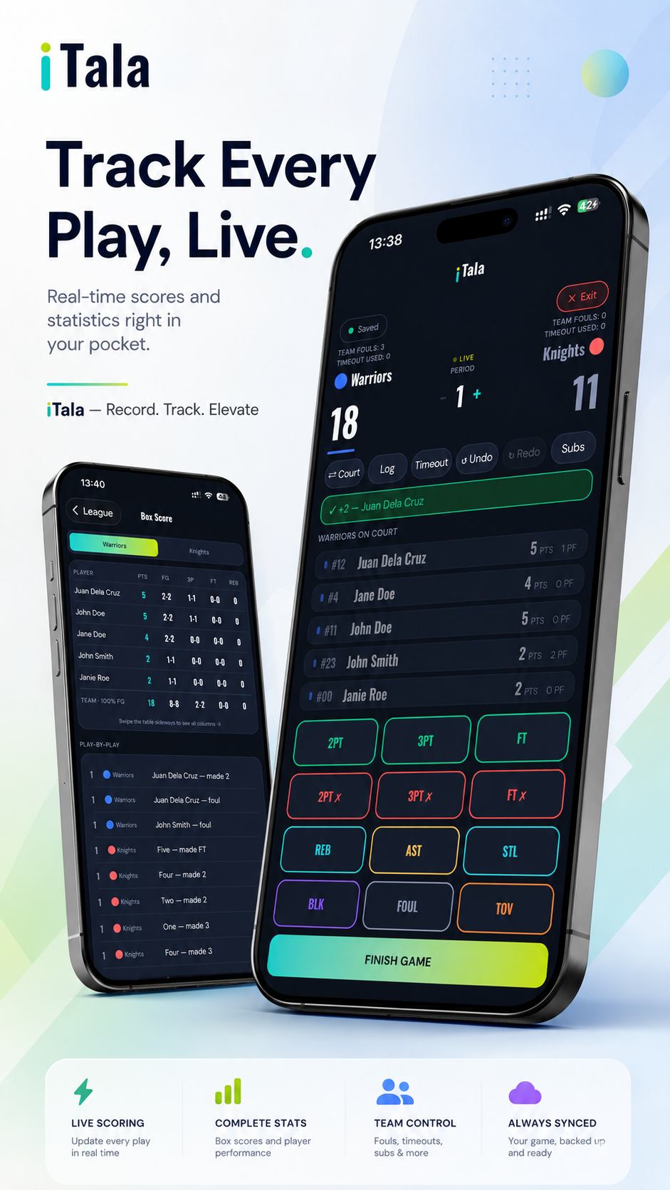iTala live scoring screen and box score shown on two iPhones