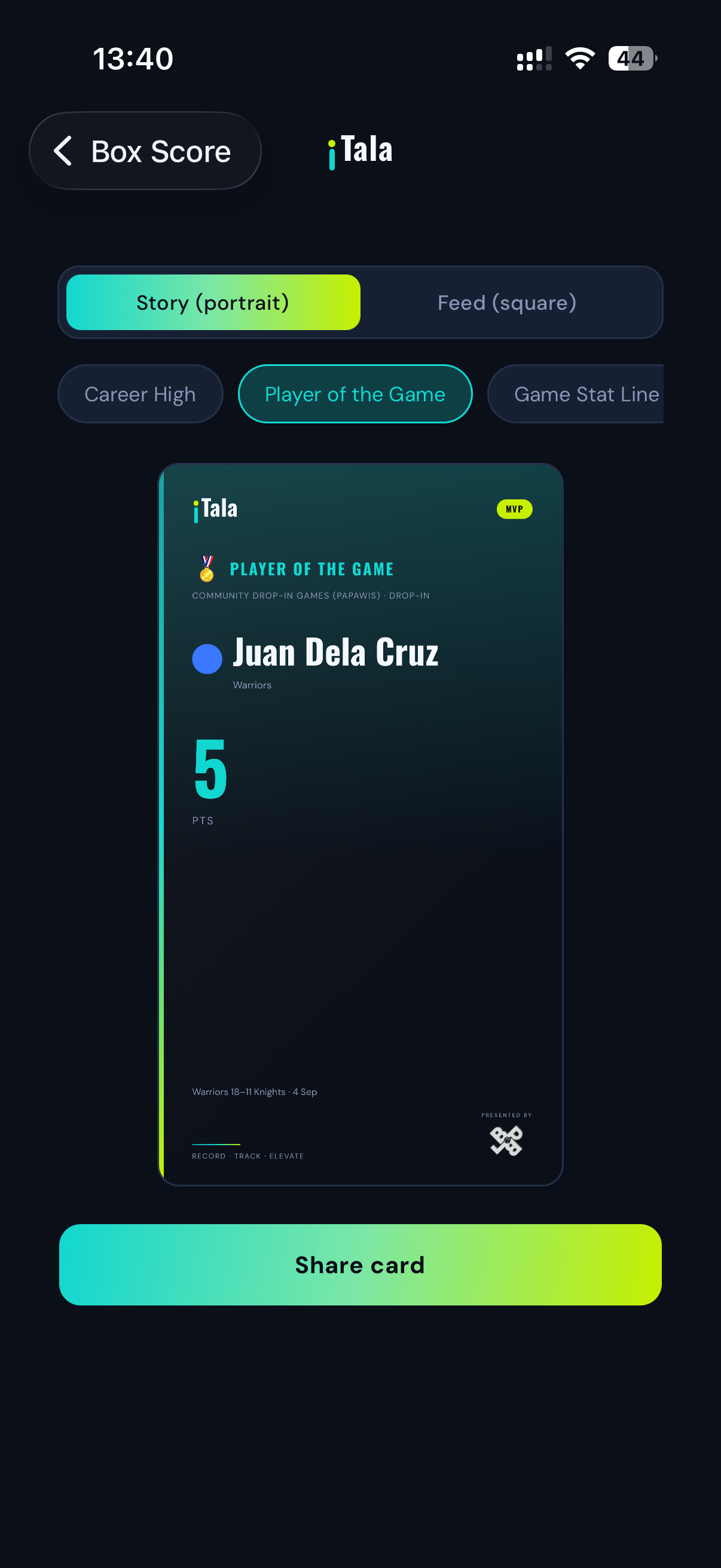 iTala Player of the Game share-card screen